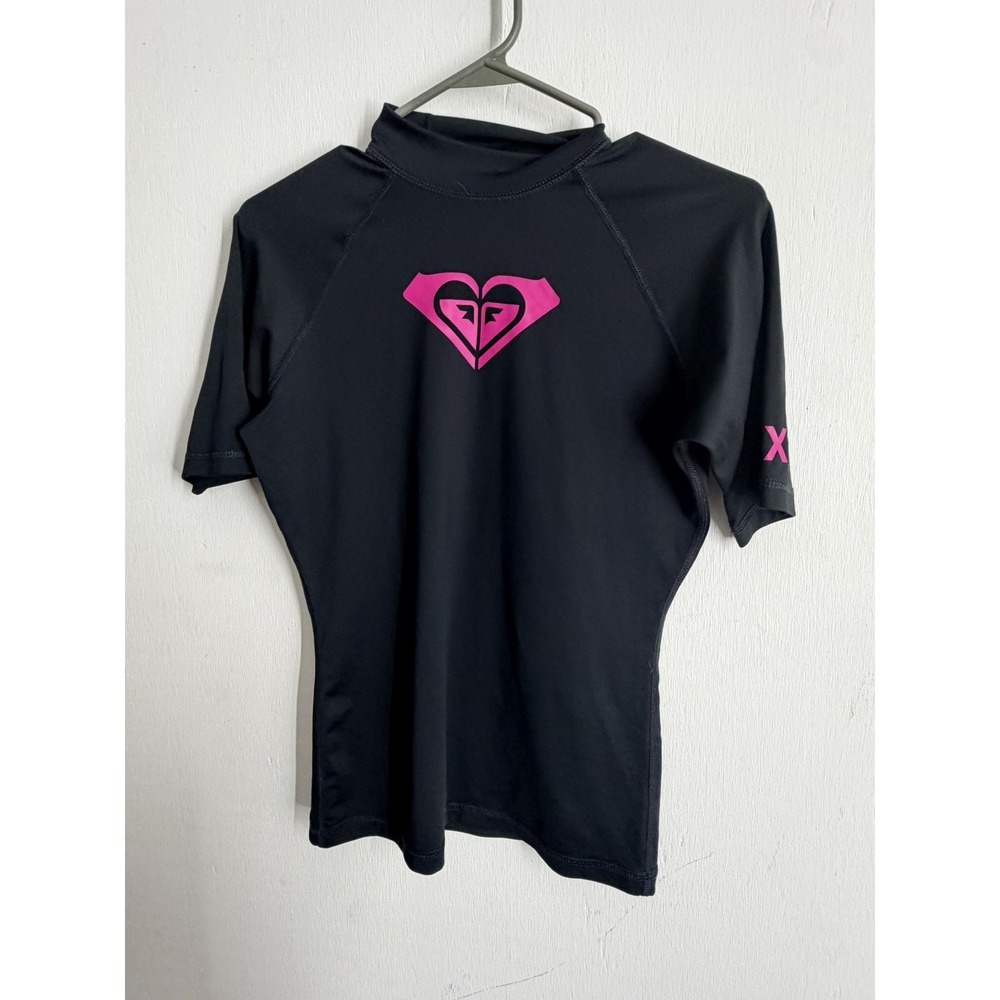 Roxy Girls Rash Guard Size 10 Black Pink Heart Logo Short Sleeve Swim Top